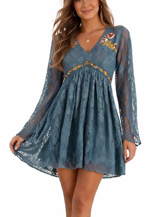 miami Dresses & Skirts - Miami Blue Lace Floral Embroidered V-Neck Long Sleeve Mini Dress, size S